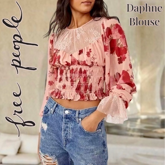 Free People Tops - FREE PEOPLE Daphne Rose/Floral Long Sleeve Sheer Lace Ruched Blouse-Sm NWT